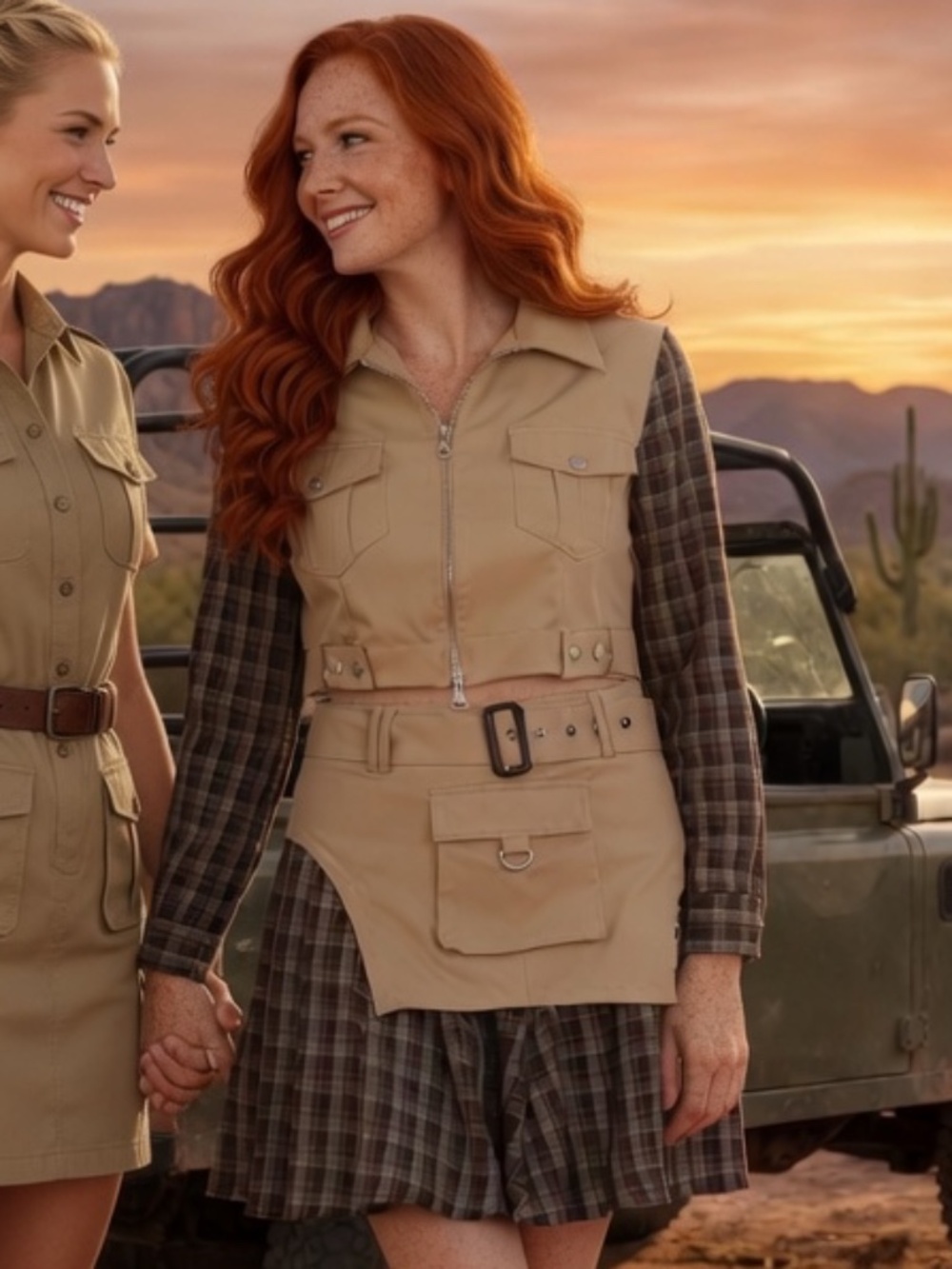 Safari Chic Khaki and Plaid Two-Piece Set
